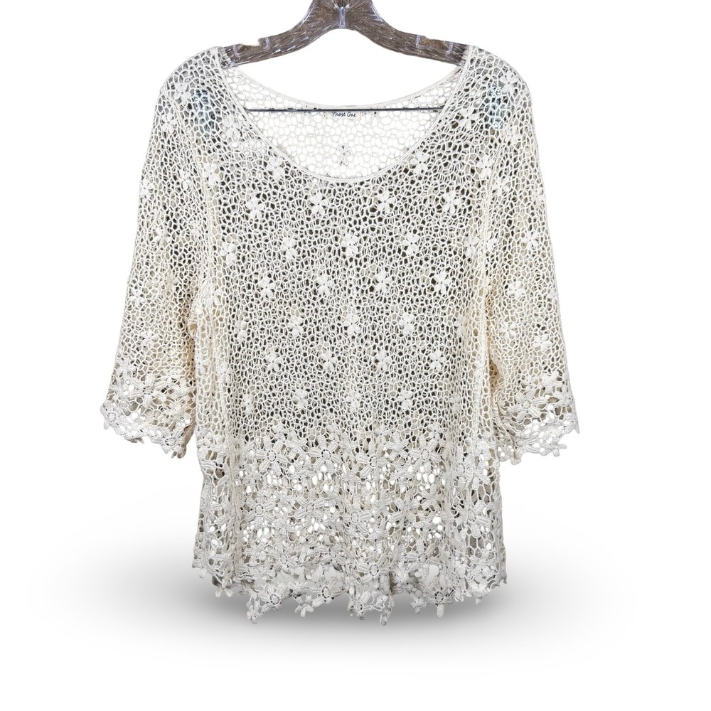 Phase One Floral Crochet Daisy Boho Chic Top Size M‎ Medium Cream Overlay Shirt